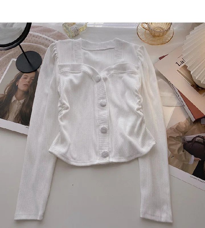 Sneak Peek Sale New Korean side pleated slim slim long sleeve top  6344