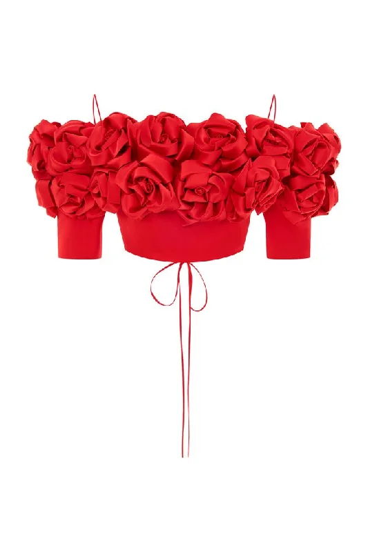 New Arrival Cropped flower embellished satin top with an opened back
