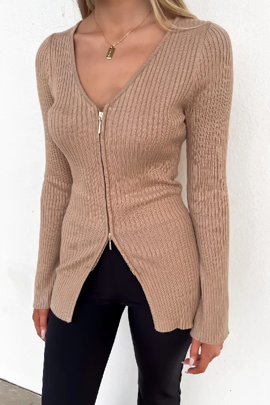 Kaia Zip-Front Knit Top Mocha