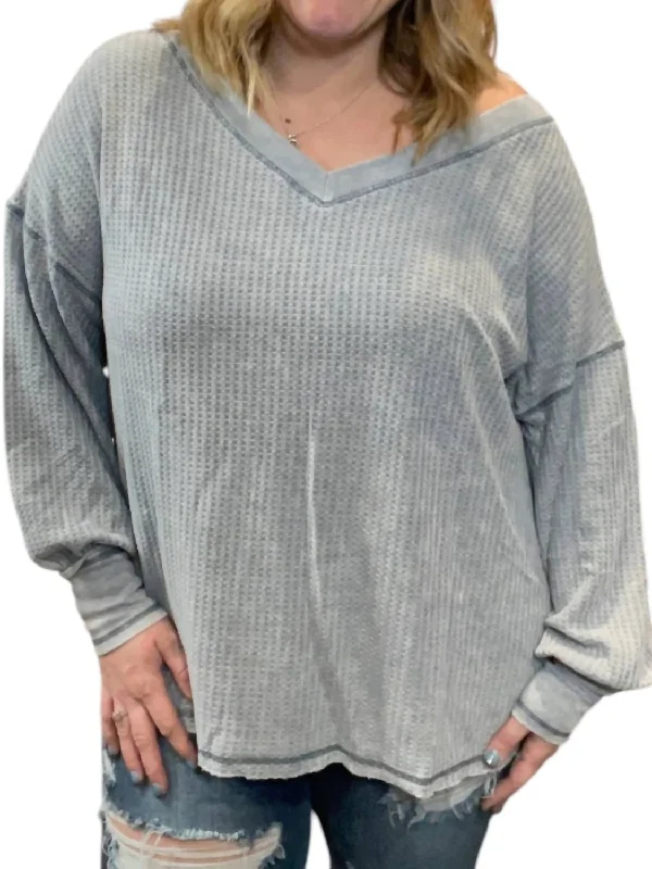 Limited Availability Waffle Knit Bubble Sleeve Pullover Sweater In Grey