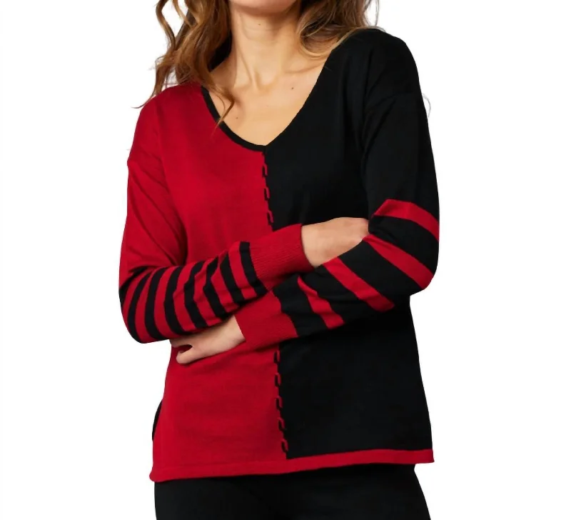 Value Deals V-Neck Cable Sleeve Sweater In Black/red