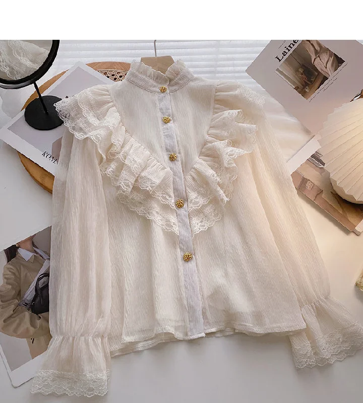 Weekend Specials to Celebrate Stitched lace stand collar Long Sleeve Shirt  6396