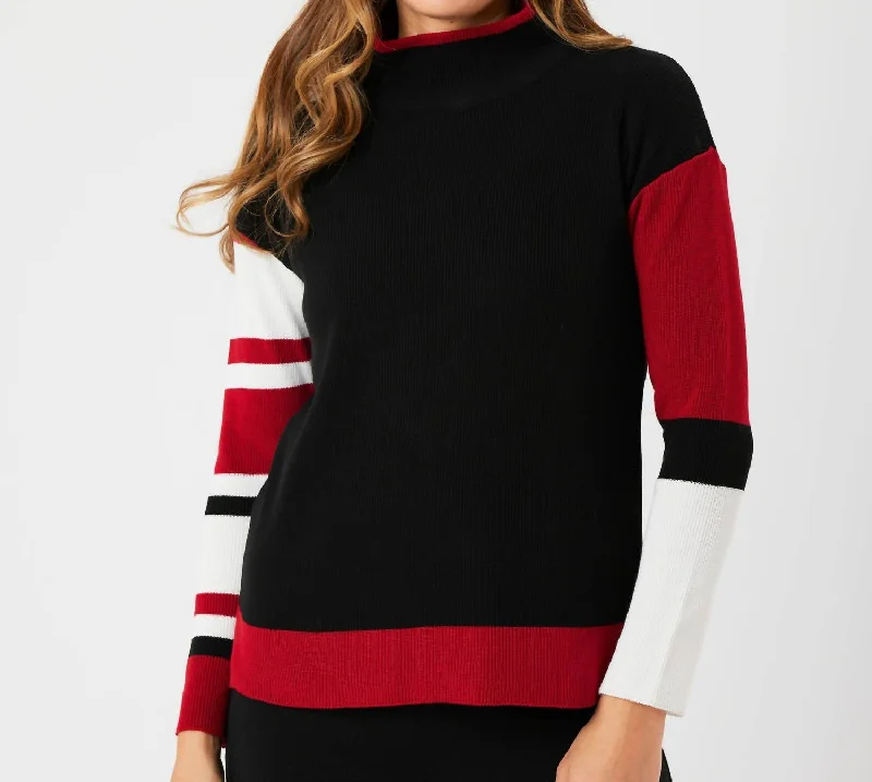 Quick Deals Stripe Sleeve Mock Neck Sweater In Black/red