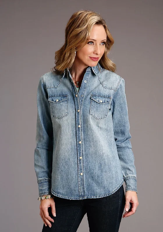 Exclusive Preview Stetson Womens Boyfriend Fit Stud Blue 100% Cotton L/S Shirt