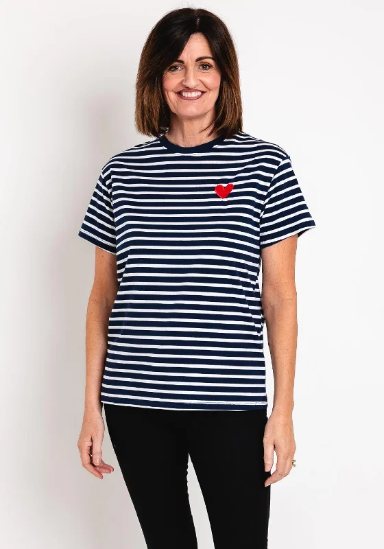 Crazy Deal Serafina Collection Striped Heart Motif T-Shirt, Navy