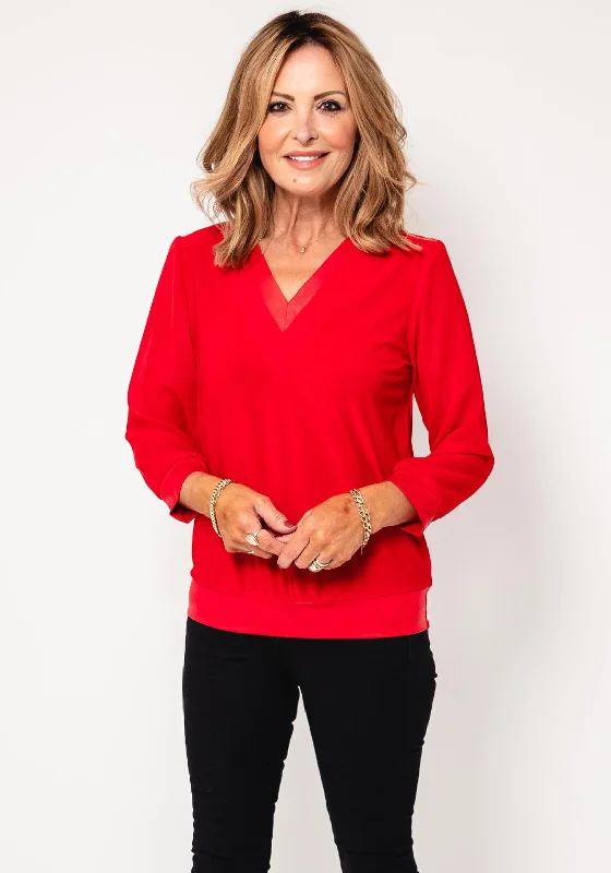 Special Discount Leon Collection V Neck Sheer Sleeve Top, Red