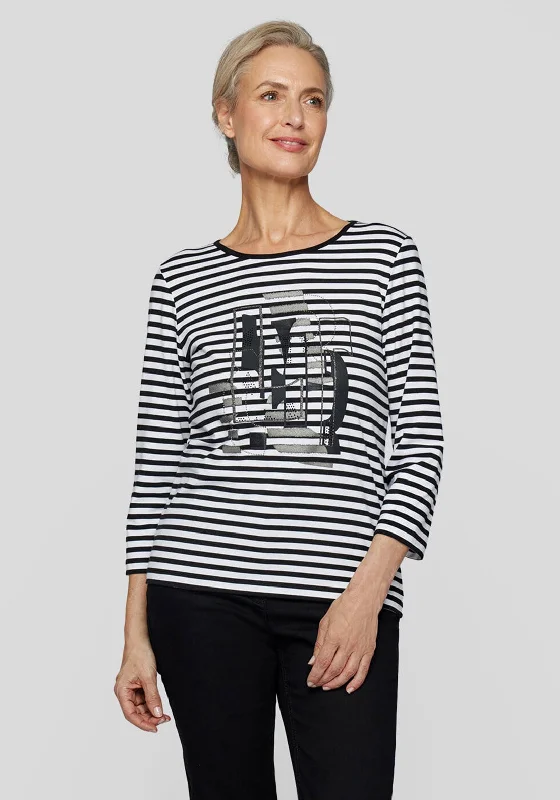Major Savings Rabe Striped Graphic Print Cropped Sleeve Top, Black