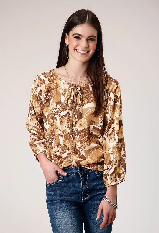 Exclusive Savings Roper Womens Collage 3/4 Sleeve Brown 100% Rayon L/S Blouse