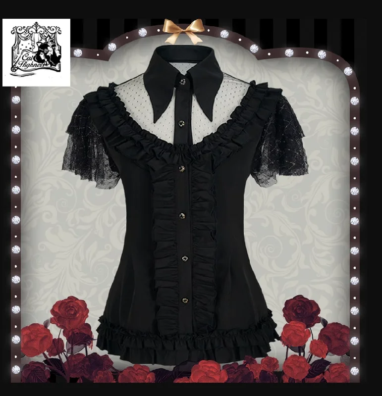 Cat Highness~Gothic Lolita Shirt Black Flounce Hem Short Sleeve Shirt