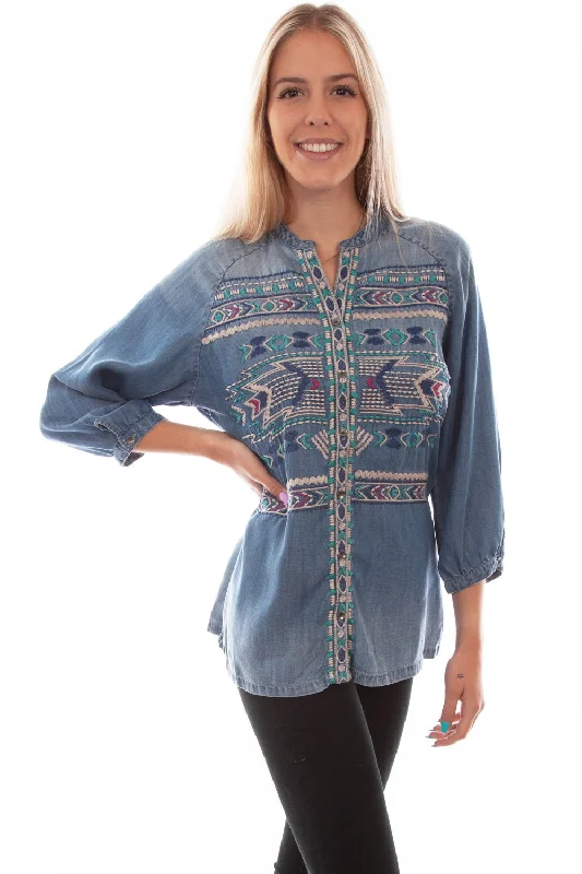 Low Prices Scully Womens Denim Tencel Aztec Western S/S Blouse