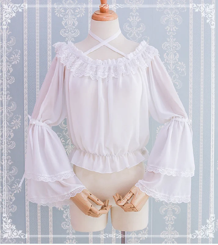 Eieyomi~Kawaii Lolita Blouse Long Sleeve Halter Neckline Chiffon Blouse