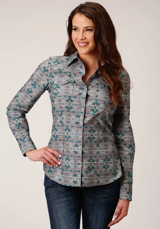 Great Bargains Roper Womens Geometric Aztec Grey 100% Cotton L/S Shirt