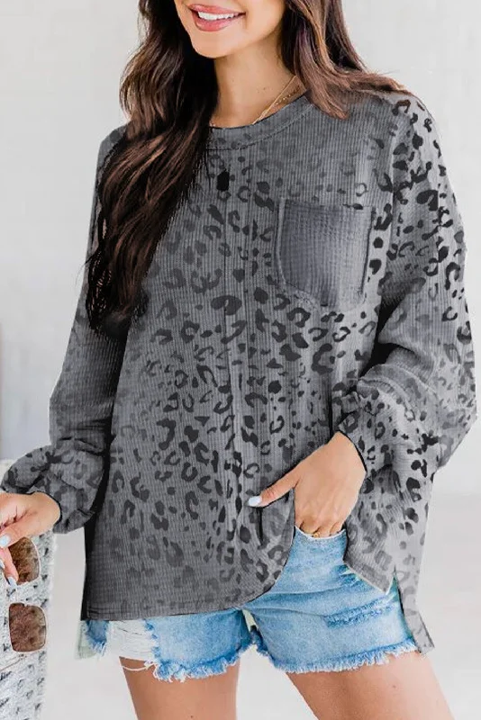 Leopard Print Patch Pocket Long Sleeve Top