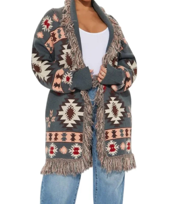 Deal of the Week Aztec Sweater Cardigan In Teal