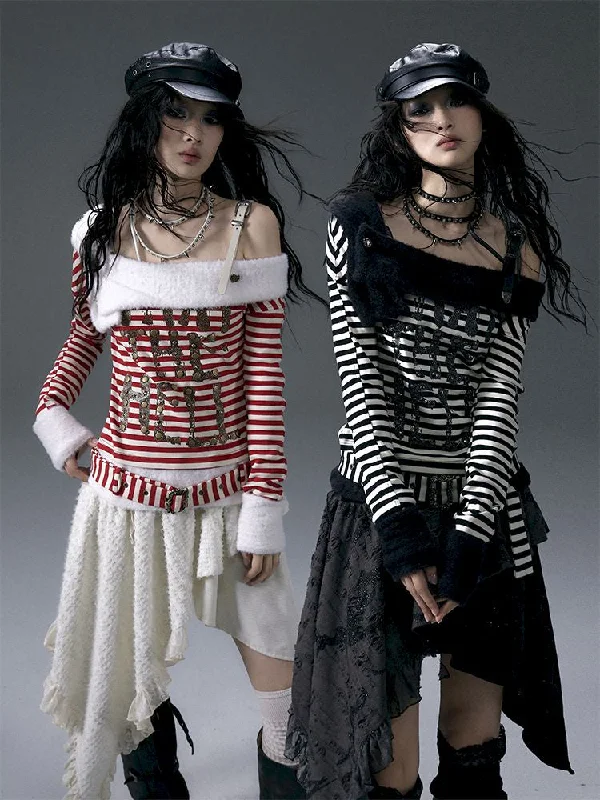 Weekend Offers You Can't Ignore Slash Stripe Printed Knit Top【s0000011004】