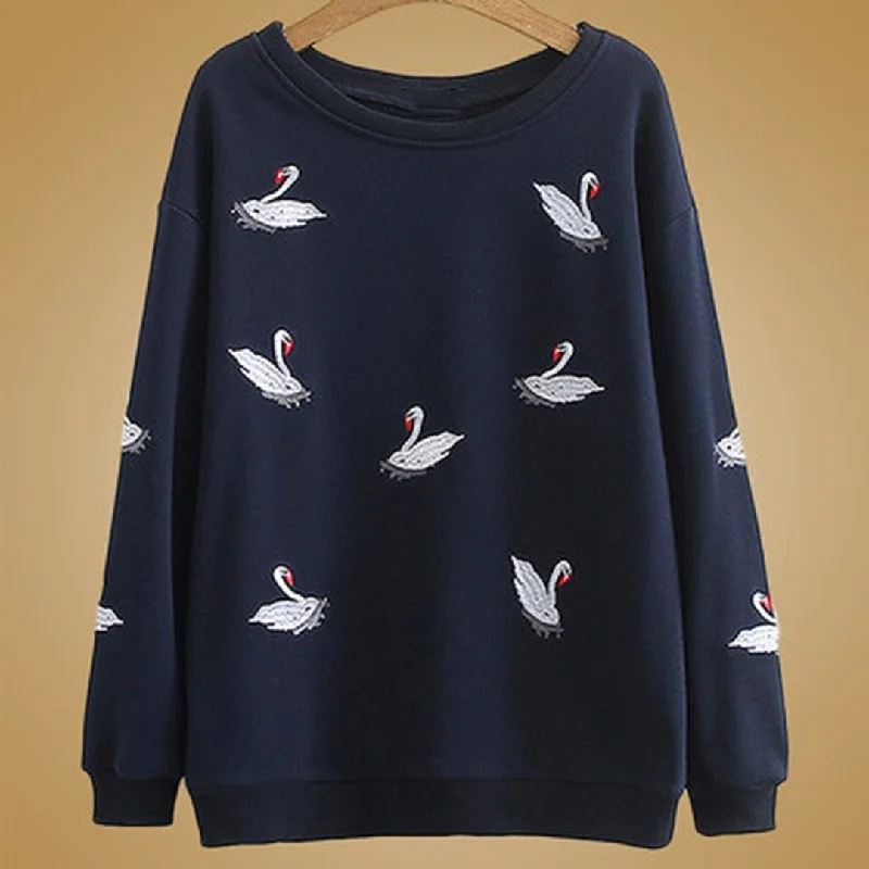 Super Savings Babakud Autumn Crane Embroidery Loose Sweatshirt