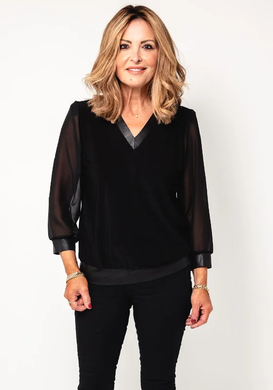 Quick Sale Leon Collection V Neck Sheer Sleeve Top, Black