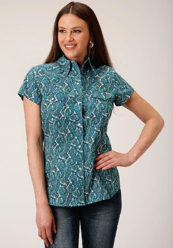 Weekend Bargains to Enjoy Roper Womens Turquoise 100% Cotton Upstream Paisley S/S Shirt