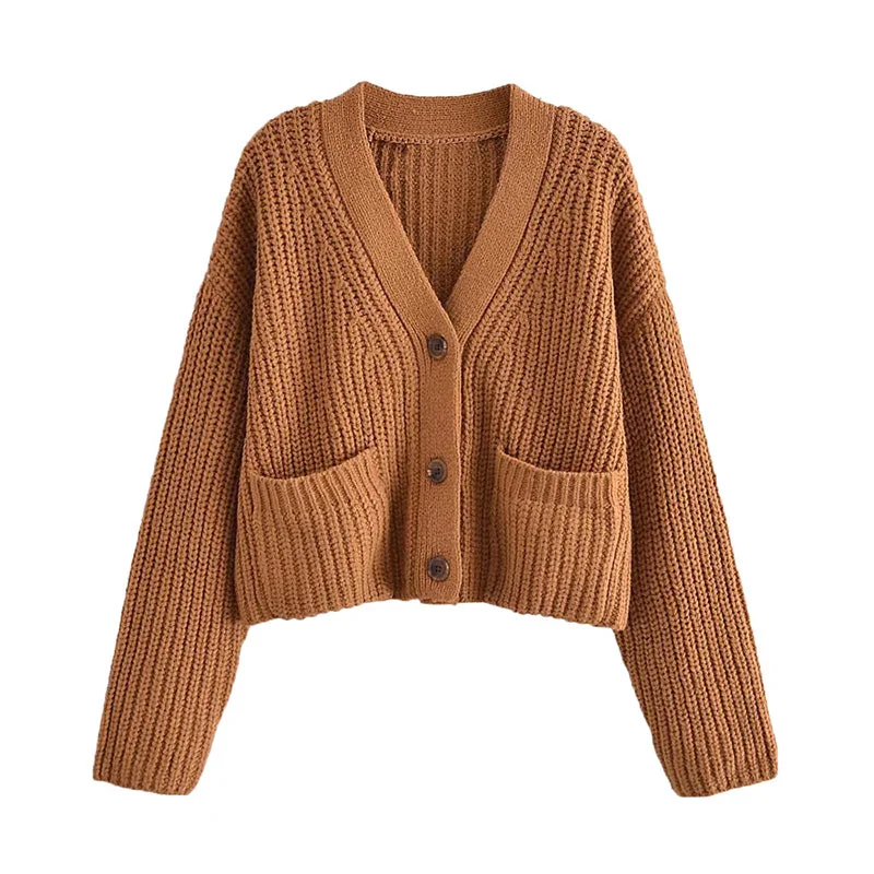 Super Bargain Versatile V-neck pocket sweater sweater sweater jacket  7758