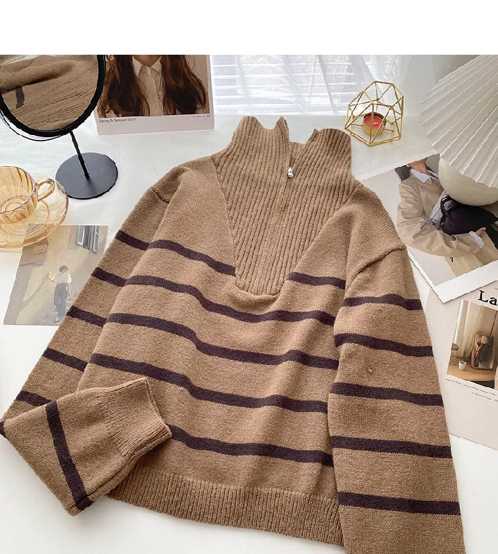 Weekend Bargains to Grab Lapel Half Zip stripe contrast panel long sleeve top  6043