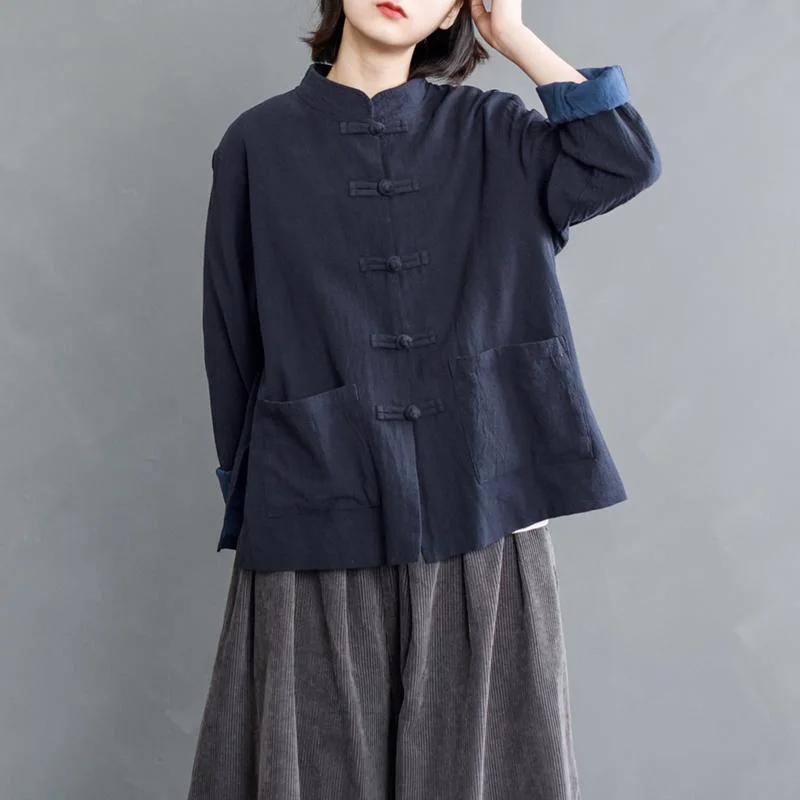 Markdowns Autumn Stand Collar Blouse Retro Cotton Linen