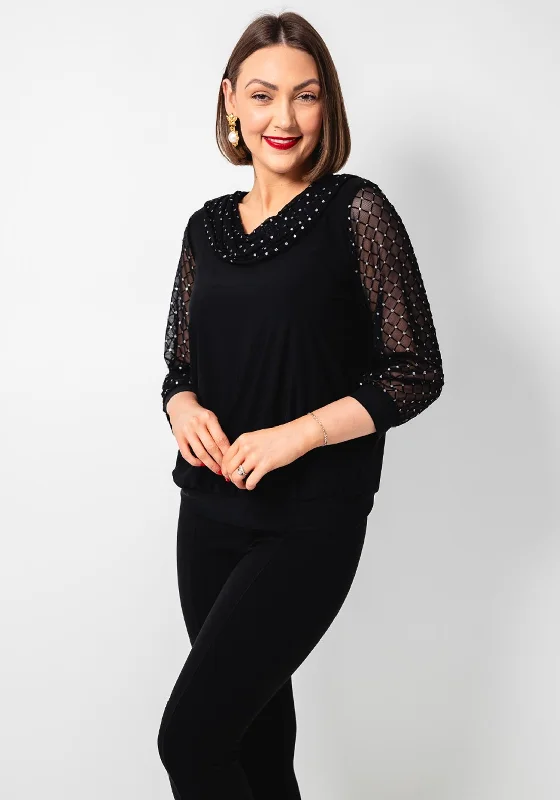 Amazing Deals Leon Collection Mesh Sparkle Cowl Neck Top, Black