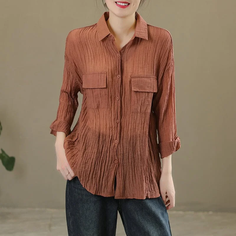 Weekend Offers That Shine Spring Casual Solid Pleated Linen Blouse