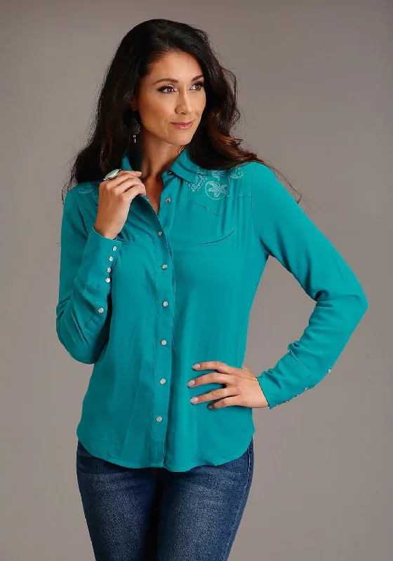 Crazy Savings Stetson Womens Turquoise Western Embroidered Blue Rayon Blend L/S Blouse