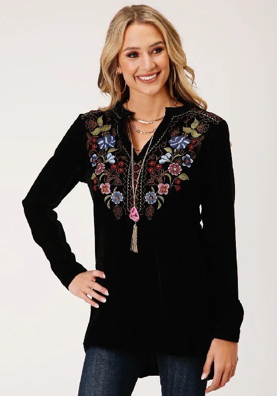 Online Exclusive Roper Womens 1421 Floral Velvet Black 100% Polyester L/S Tunic