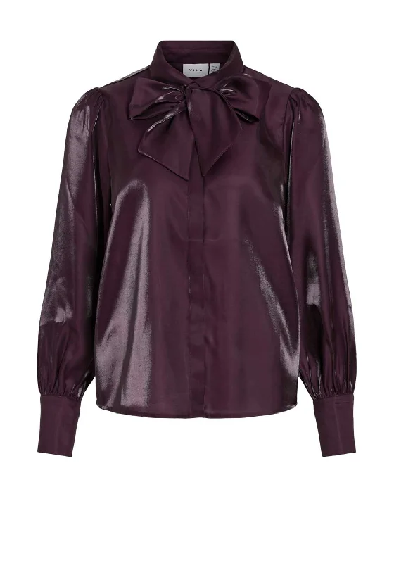Weekend Bargains to Celebrate Vila Klarina Pussy Bow Sheen Shirt, Plum Perfect