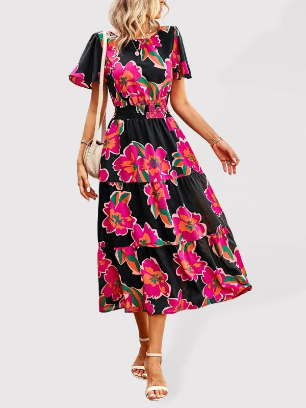 Super Deal BerryBetty - Women's Floral Dress Summer Temperament Elegant Waist Short Sleeve Long Dress Super Deal BerryBetty - Women's Floral Dress Summer Temperament Elegant Waist Short Sleeve Long Dress