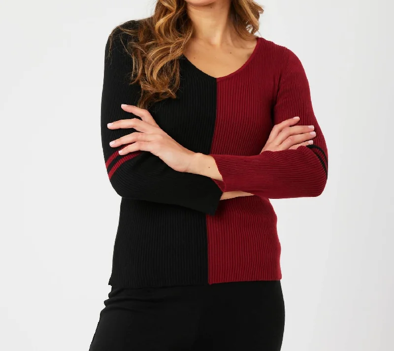 Buy More, Save More V-Neck Ribbed Sweater In Black/wine
