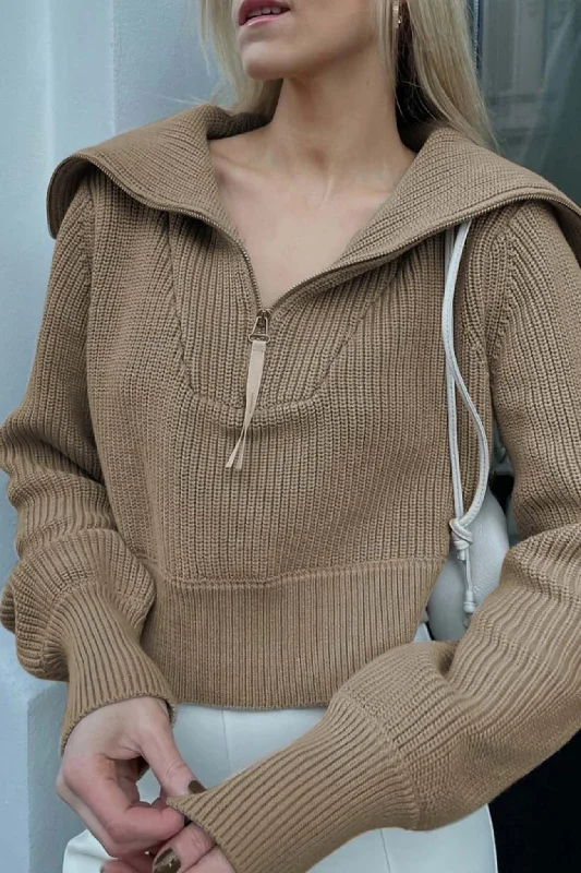 BerryBetty - Solid Lapel Zipper Sweater