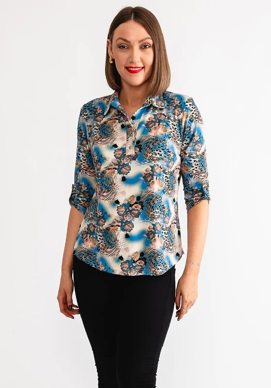 Buy Now Leon Collection Floral Leopard Print Blouse, Blue Multi