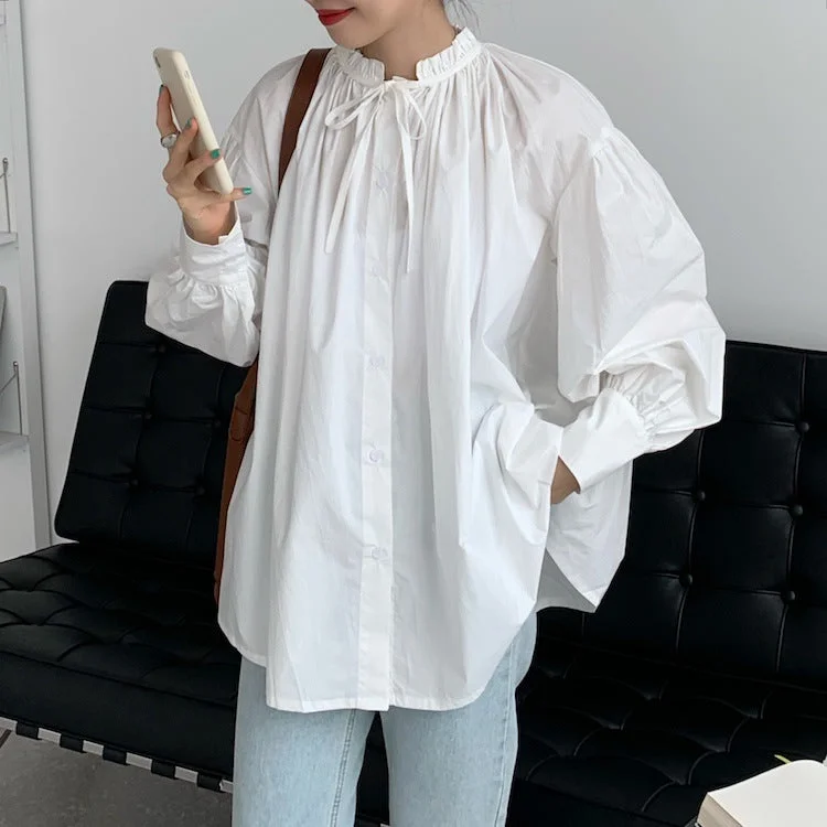 Price Blitz Solid Gathered Back Ruffled Loose Linen Shirt