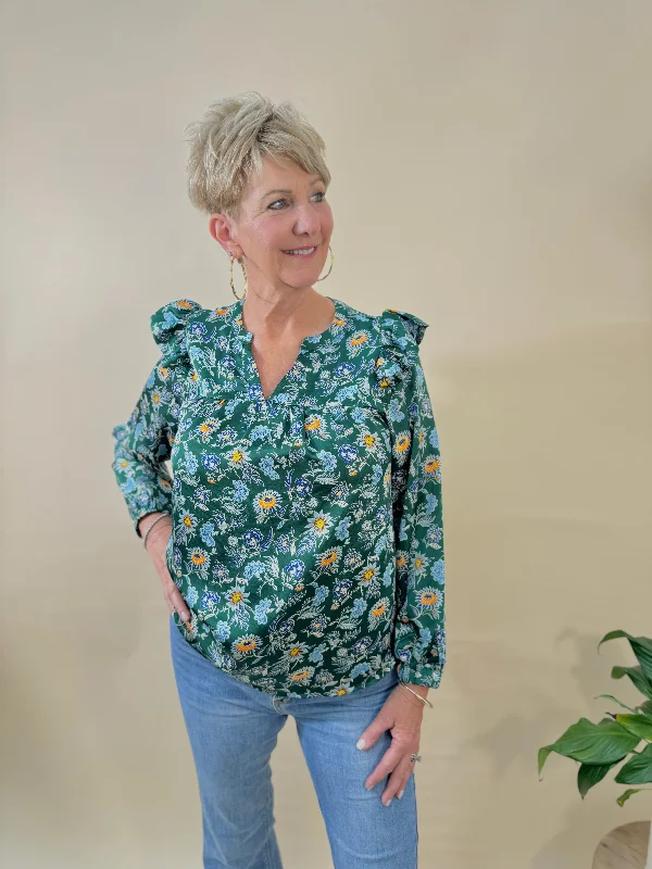 Satin Floral Blouse with Ruffle Shoulder