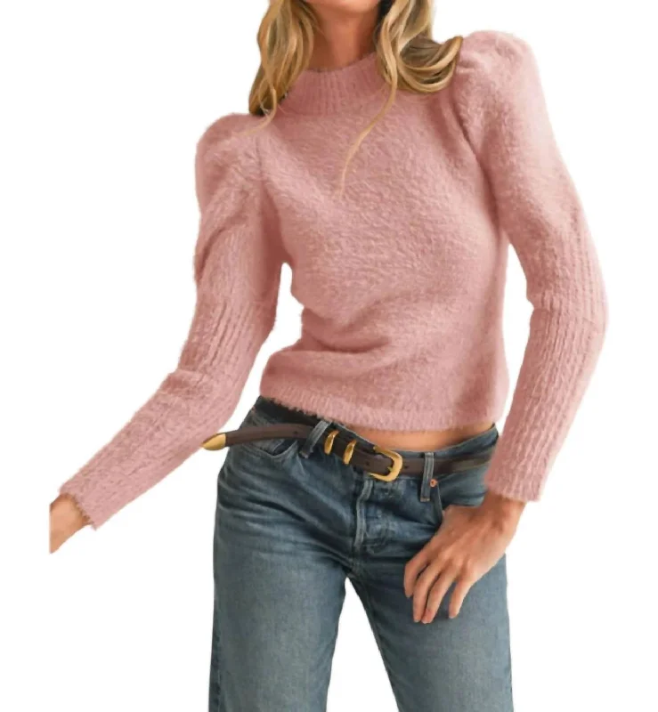 Weekend Offers That Sizzle Mock Neck Puff Shoulder Mohair Sweater In Pink