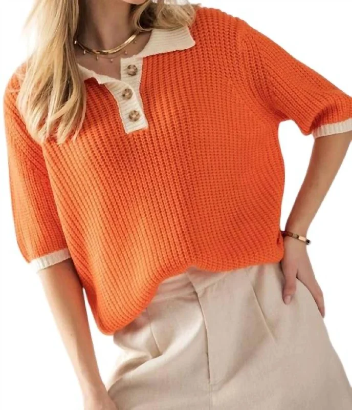 Weekend Bargains to Enjoy Two Tone Contrast Quarter Button Knit Sweater In Orange