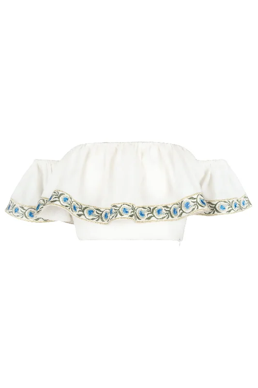 Shop and Save OTM Exclusive: Carnation Off-The-Shoulder Top in White & Blue