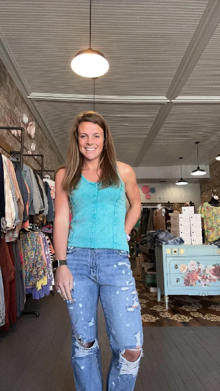 The Crinkle Tank-Light Teal