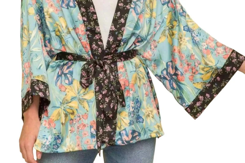 Savings Galore Floral Tie Kimono In Blue/green