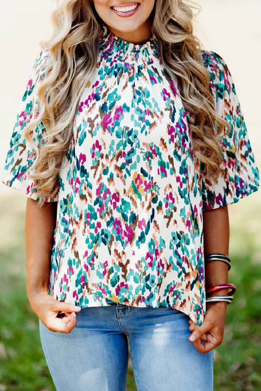 Light Blue Abstract Print Puff Sleeve Mock Neck Blouse