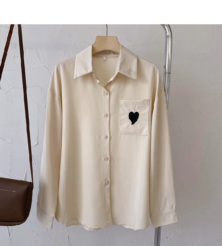 Anniversary Sale Loose long sleeve shirt personalized love pocket Lapel top  6430