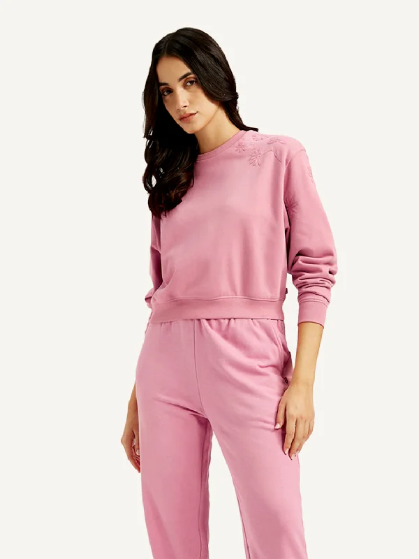 Special Discount Women's Embroidered Pink Crew Neck Sweatshirt