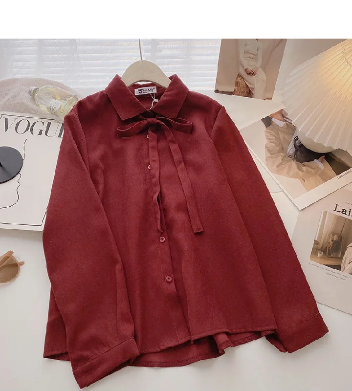 Super Sale Casual foreign style gentle solid color versatile lace up single breasted top  6351