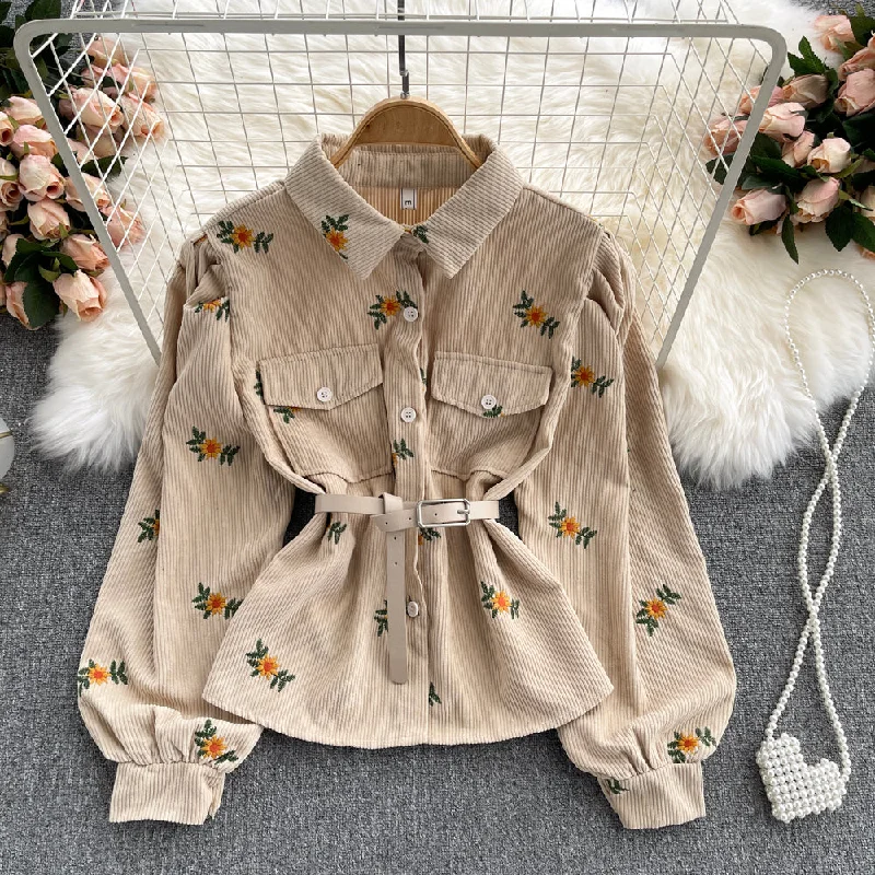 Lovely corduroy embroidered long-sleeved shirt    S517