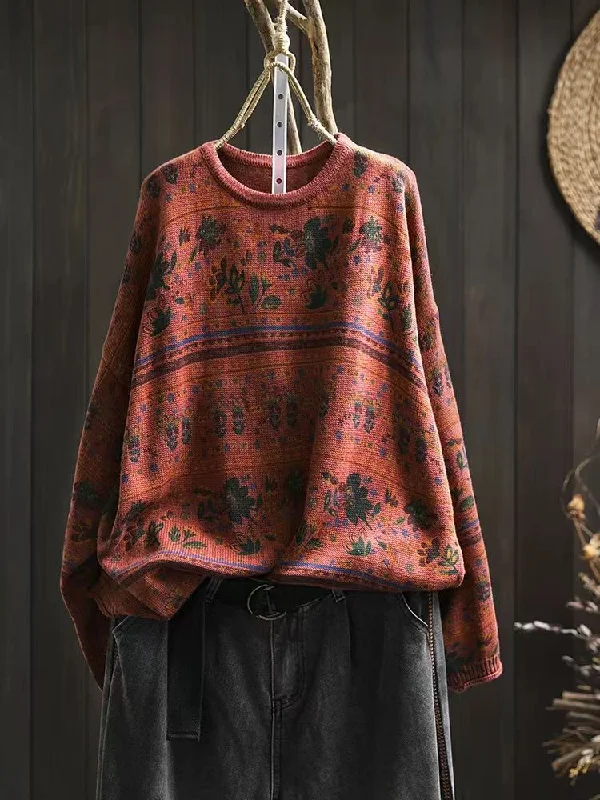 Babakud Women Autumn Retro Cotton Printed Pullover Sweater