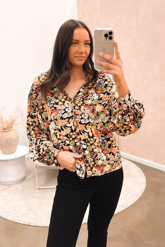 Super Bargain Brigitte Shirred Shoulder Top Winter Floral