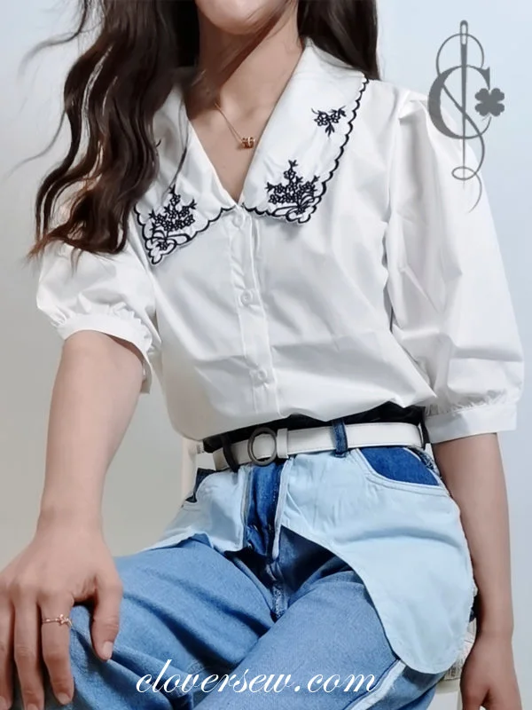 Early Bird Embroidered Lapel Shirt In White Or In Black,  CO0001