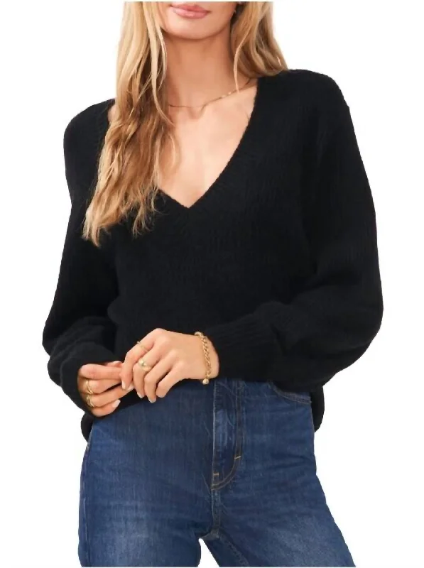 One-Day Only Women's V Neck Bubble Sleeve Sweater In Black
